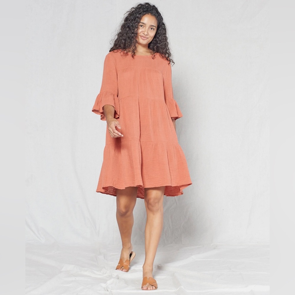 Outerknown Currents Orange Clay‎ Gauze Tiered Dress 3/4 Sleeves Festival Rodeo